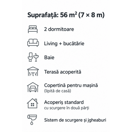 Casă modulară Dadi Family cu 2 dormitoare, terasă și copertină auto A-1